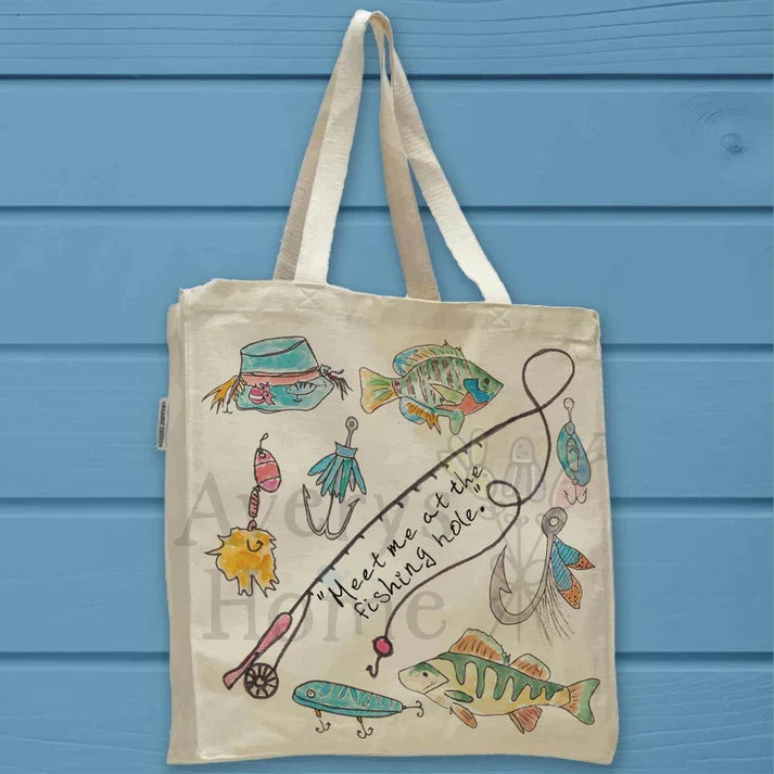 Let's Go Fishing cotton tote bag, art by Avery Jackson