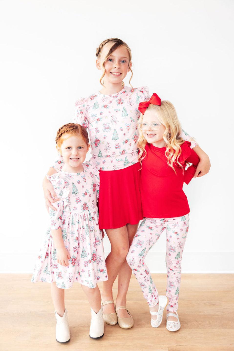 Pink Christmas 3/4 Sleeve Ruffle Twirl Dress