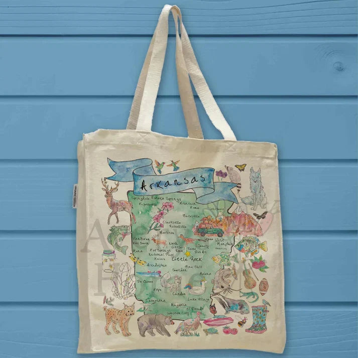Arkansas State Map cotton tote bag, art by Avery Jackson