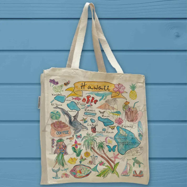 Hawaii State Map cotton tote bag, art by Avery Jackson