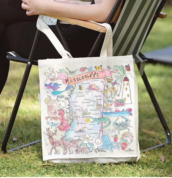 Mississippi State Map cotton tote bag, art by Avery Jackson