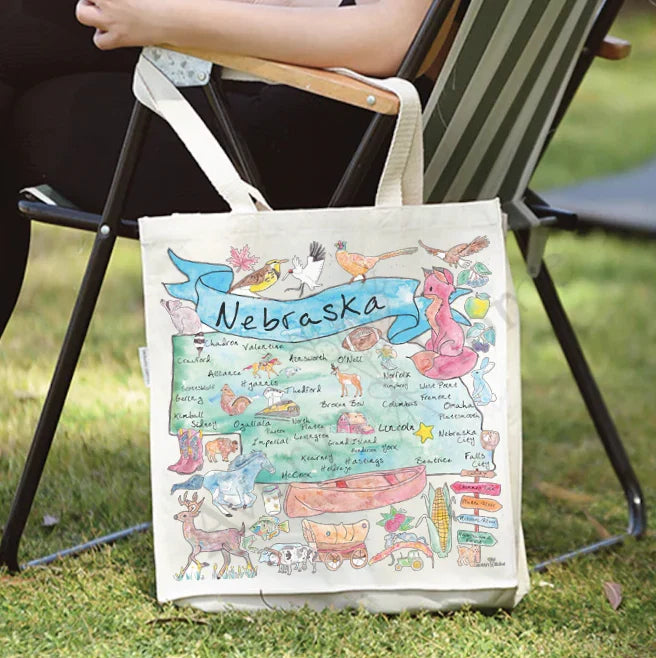 Nebraska State Map cotton tote bag, art by Avery Jackson