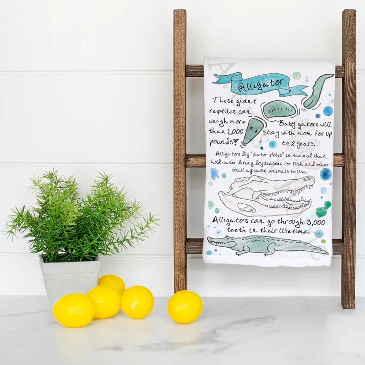 Alligator Facts dish towel folded, hemmed on all four sides