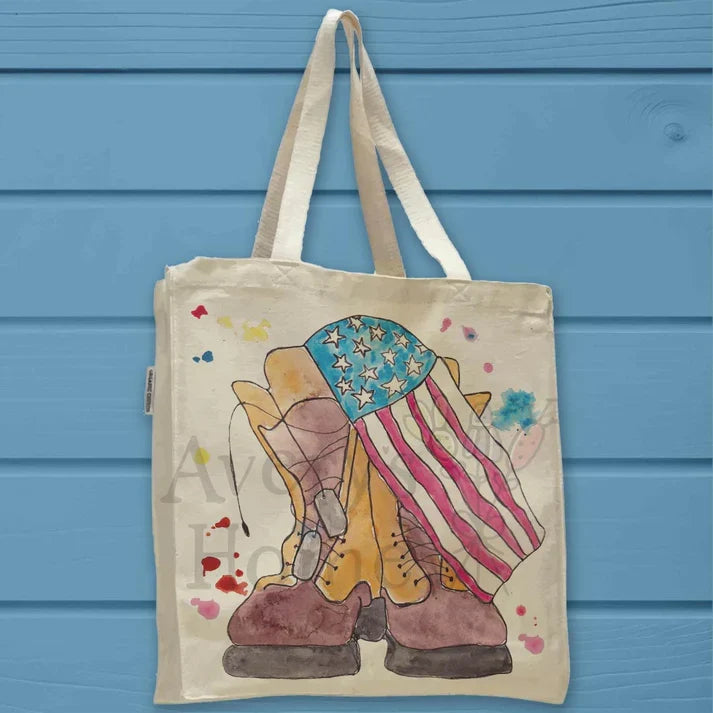 Heroes Wear Combat Boots cotton tote bag, art by Avery Jackson