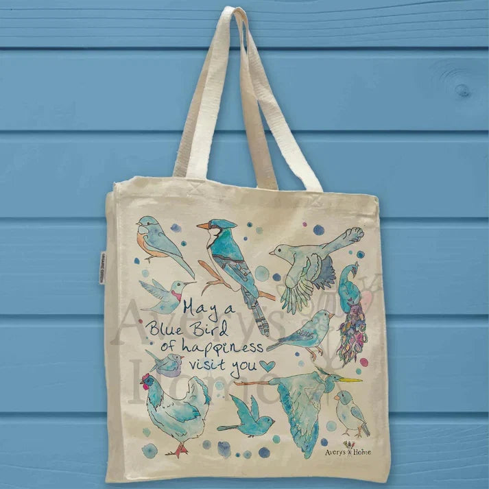 Blue Birds of Happiness cotton tote bag, art by Avery Jackson