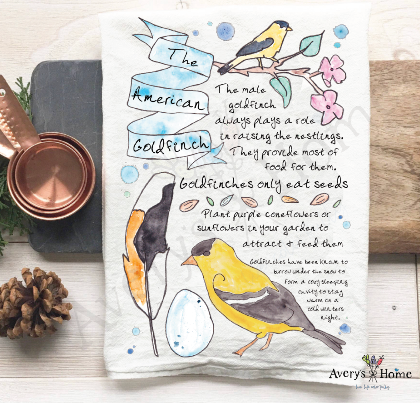 American Golden Finch Bird Facts flour sack dish towel, art by Avery Jackson