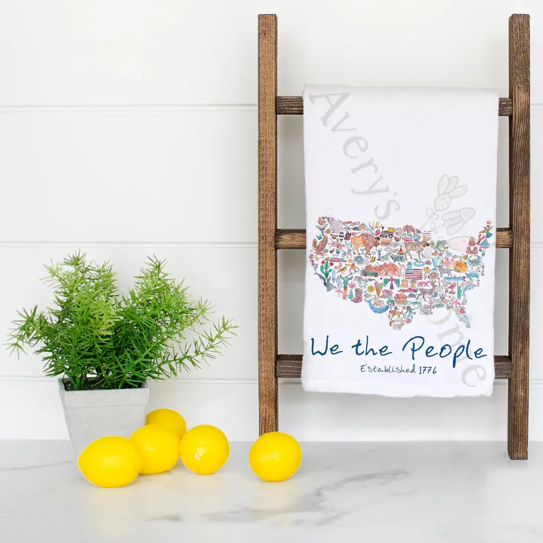 USA Icon Map We the People dish towel hanging in the kitchen