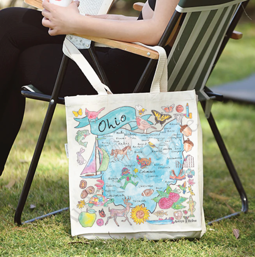 Ohio State Map cotton tote bag, art by Avery Jackson