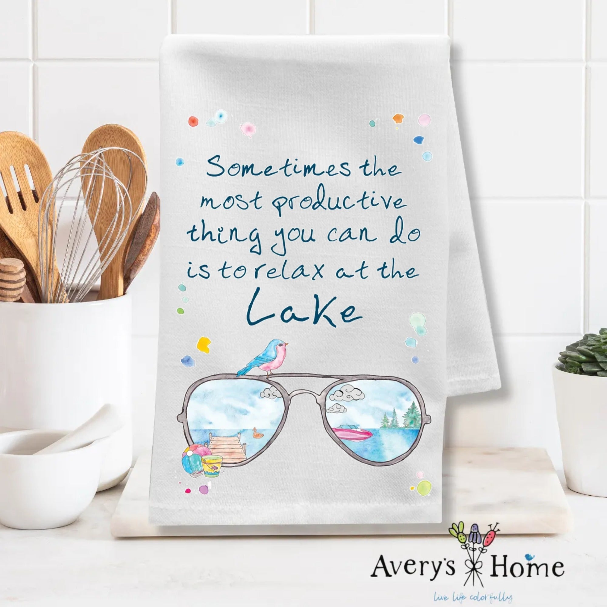 Sunglasses Relax at the Lake dish towel design detail