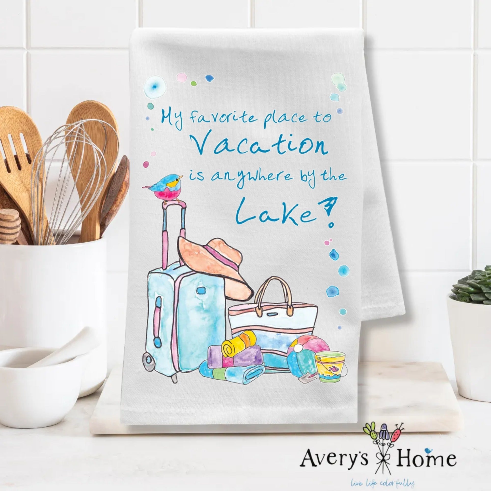 Summer Lake Vacation dish towel design detail