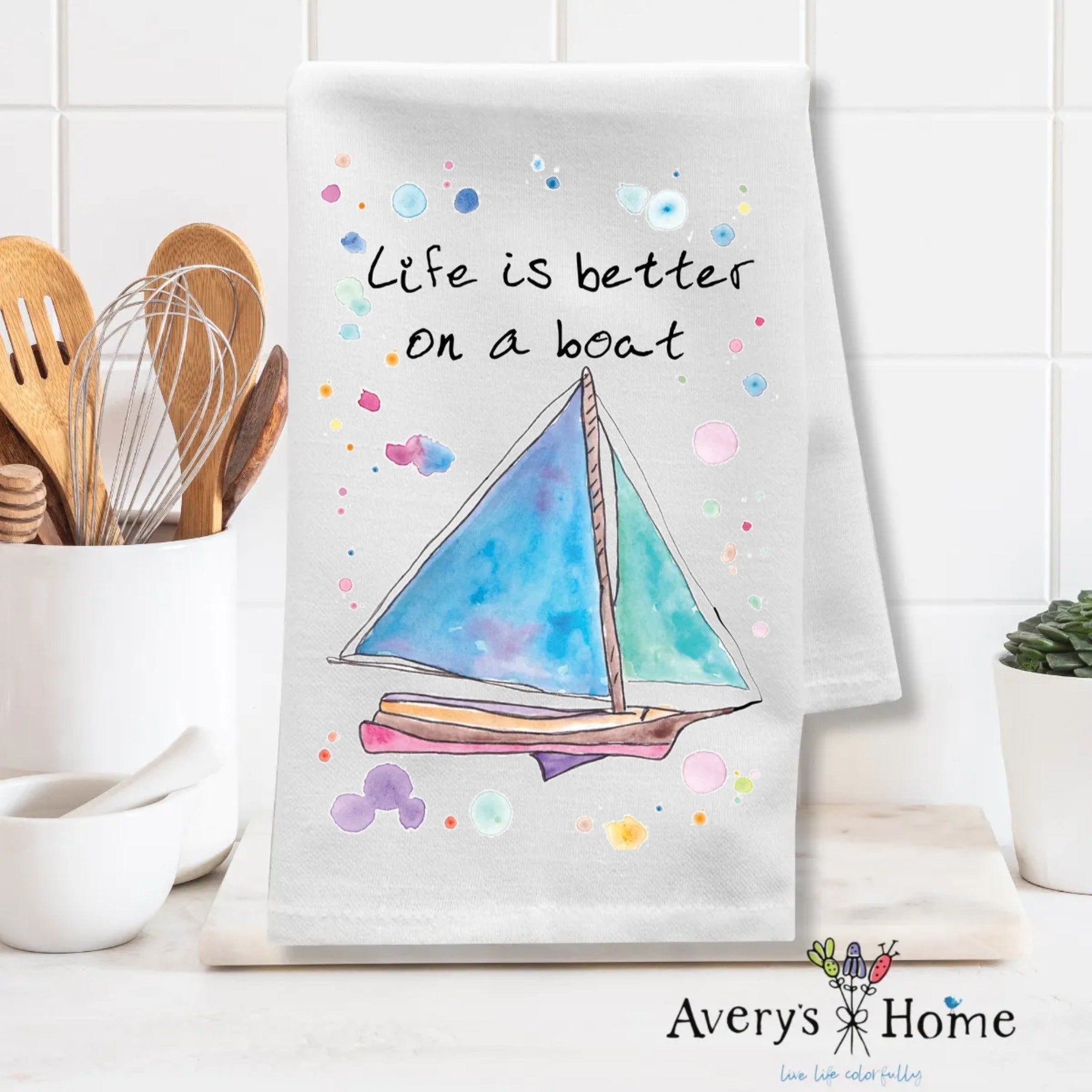 Life is Better on a Boat dish towel design detail