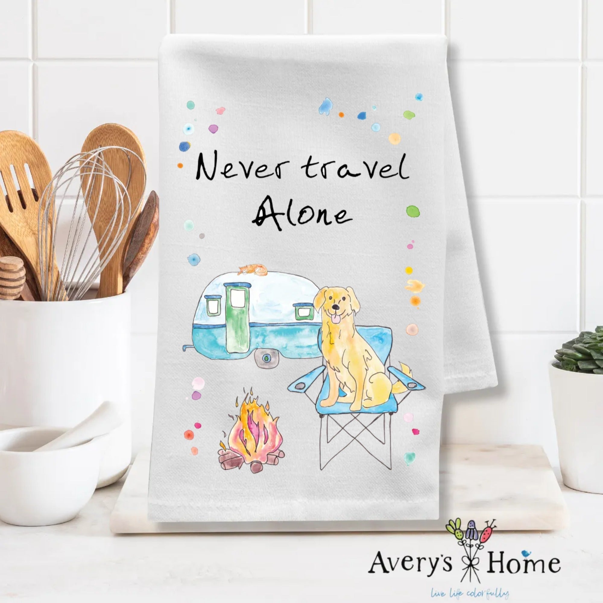 Never Travel Alone dish towel design detail