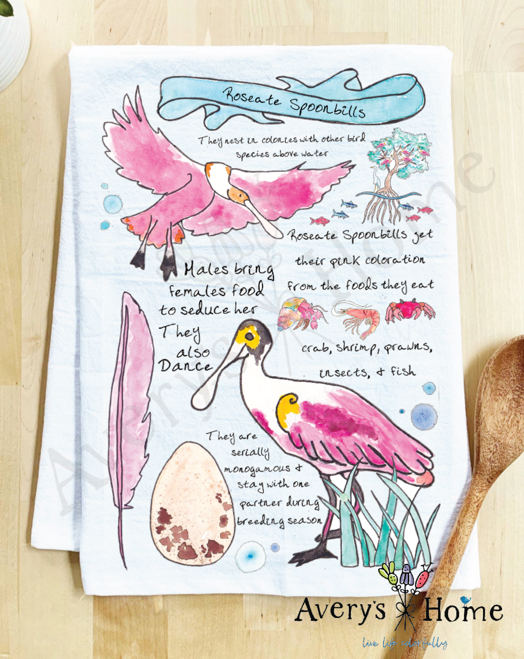 Roseate Spoonbill Bird Facts flour sack dish towel, art by Avery Jackson