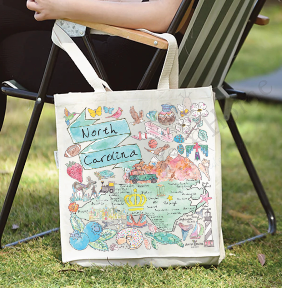 North Carolina State Map cotton tote bag, art by Avery Jackson