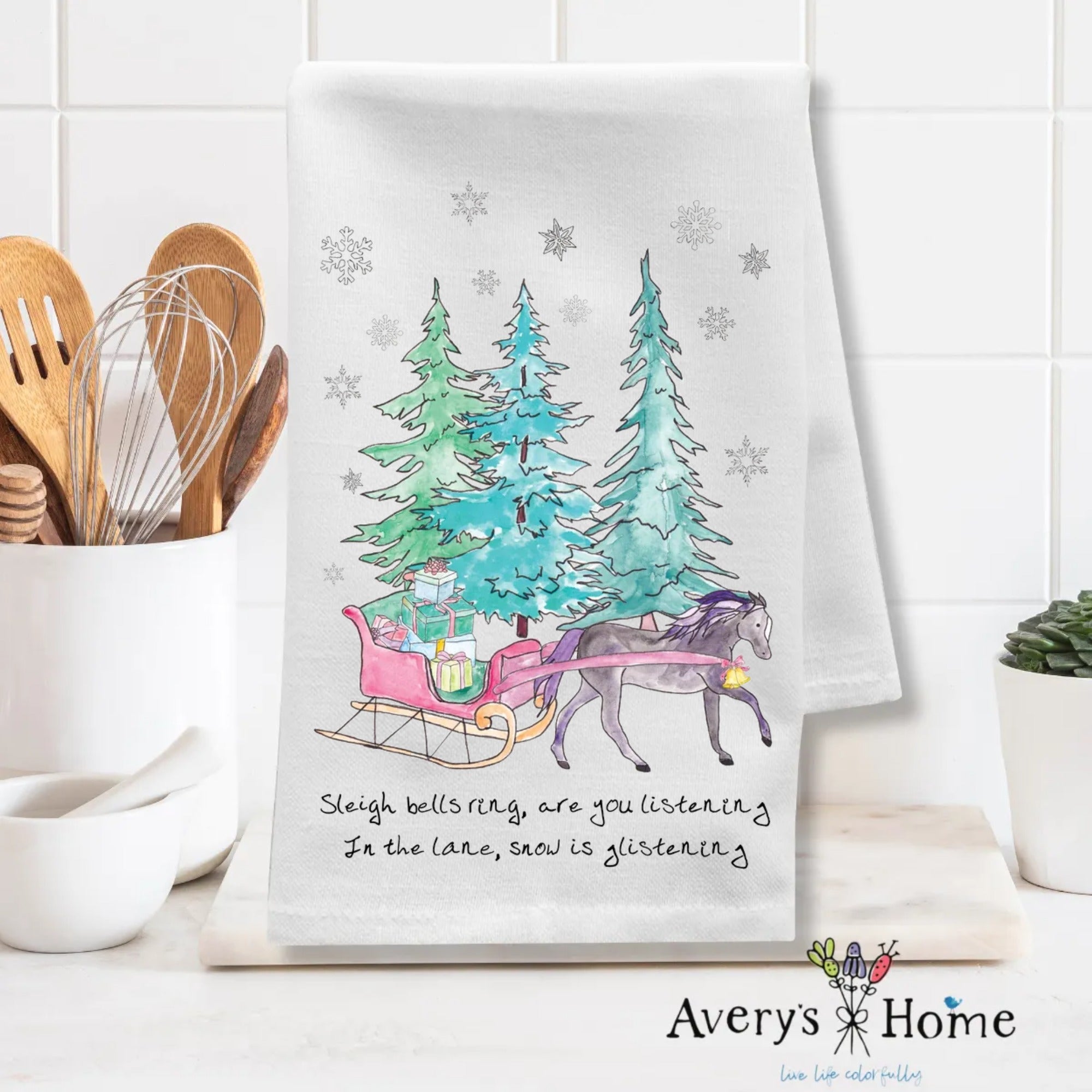 Christmas Horse & Sleigh Ride dish towel folded, 27x27 flour sack cotton