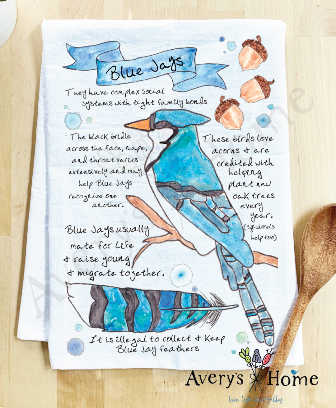 Blue Jay Bird Facts flour sack dish towel, art by Avery Jackson