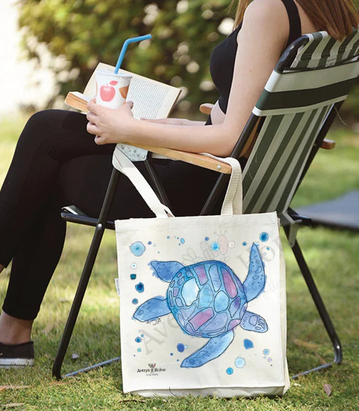 Blue Ocean Sea Turtle cotton tote bag, art by Avery Jackson