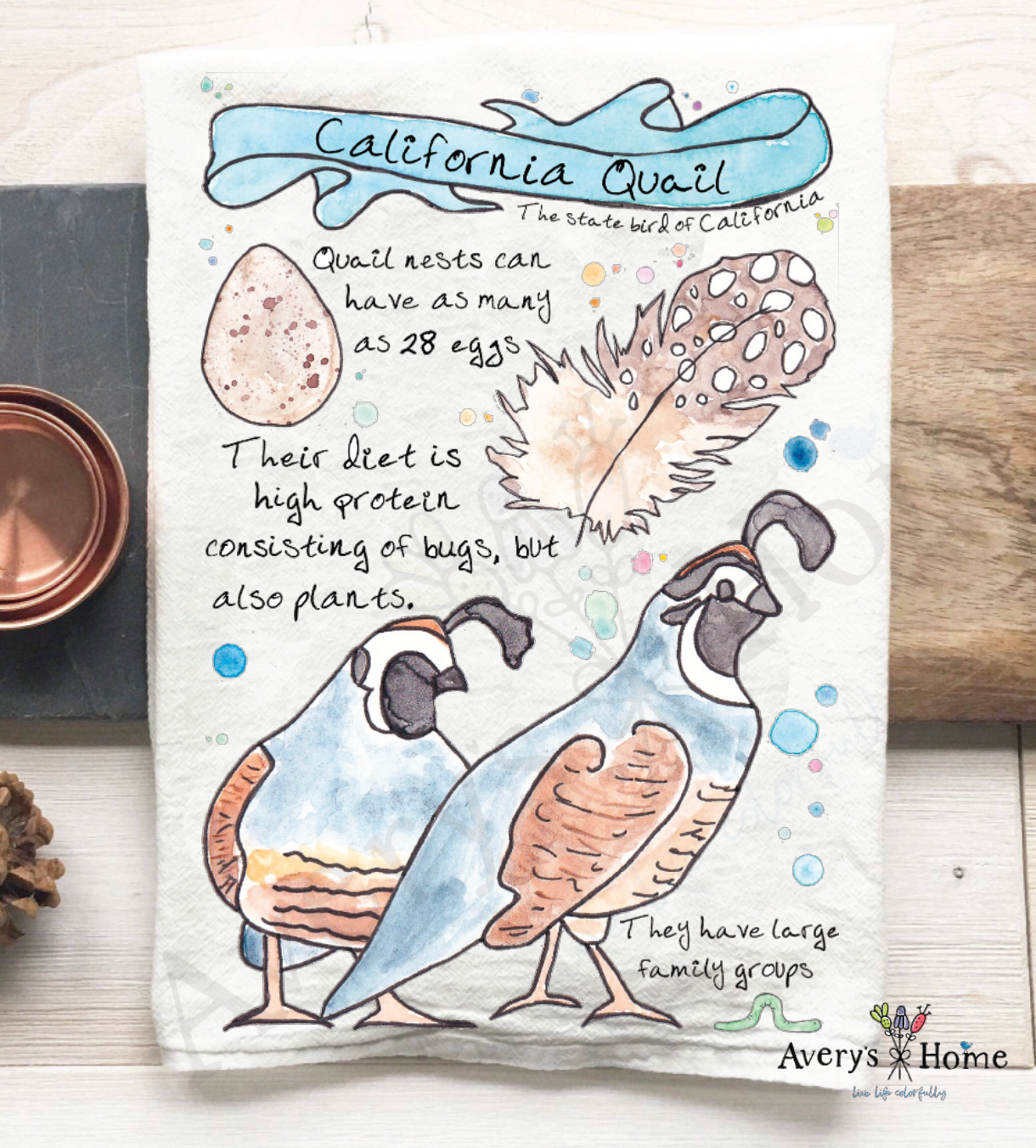 California Quail Bird Facts flour sack dish towel, art by Avery Jackson