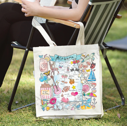Alabama State Map cotton tote bag, art by Avery Jackson