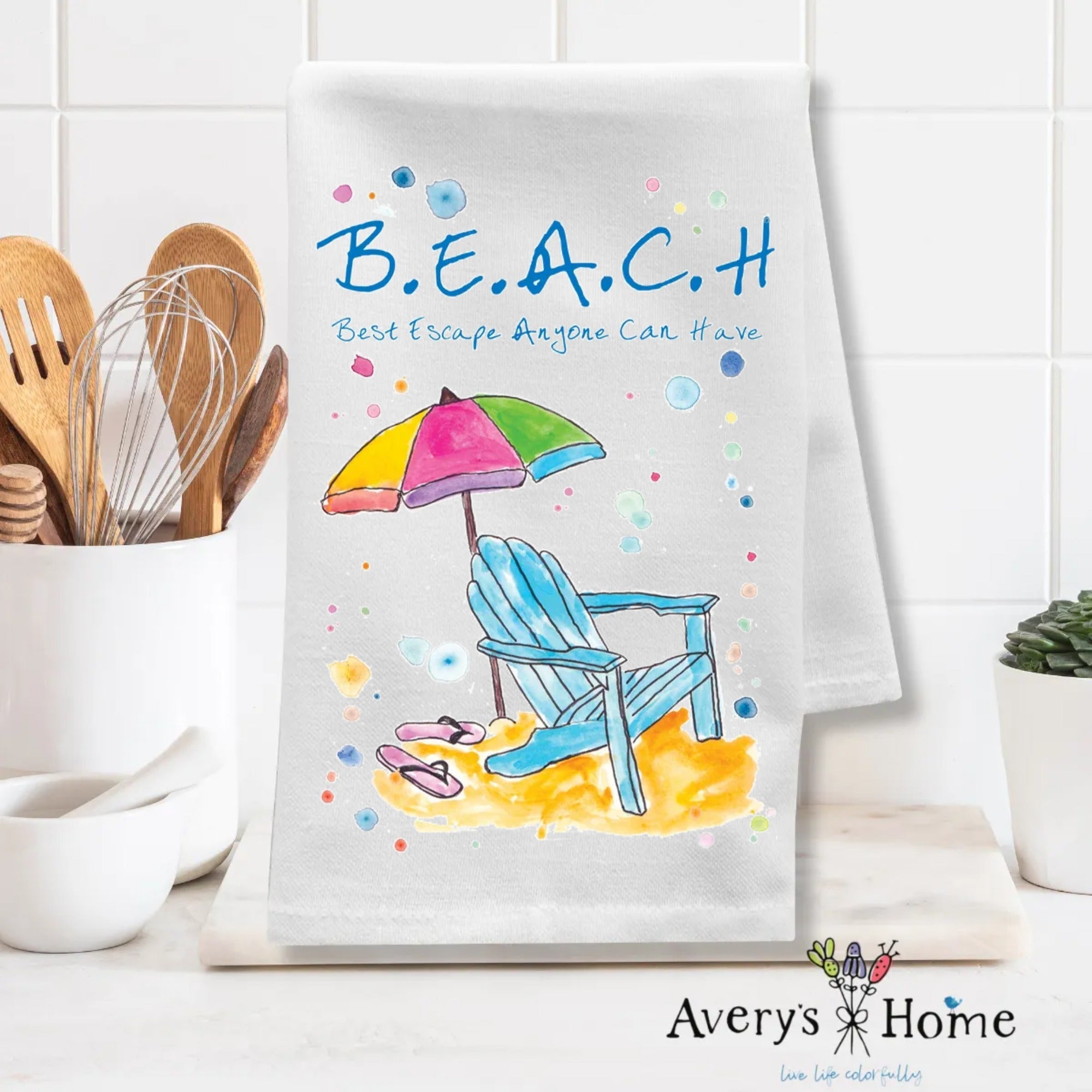 Beach Vacation dish towel folded, 27x27 flour sack cotton