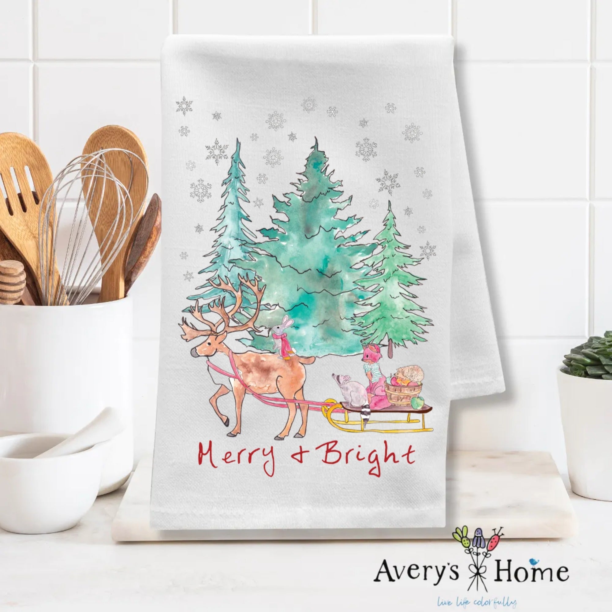 Merry and Bright Sleigh Ride dish towel design detail