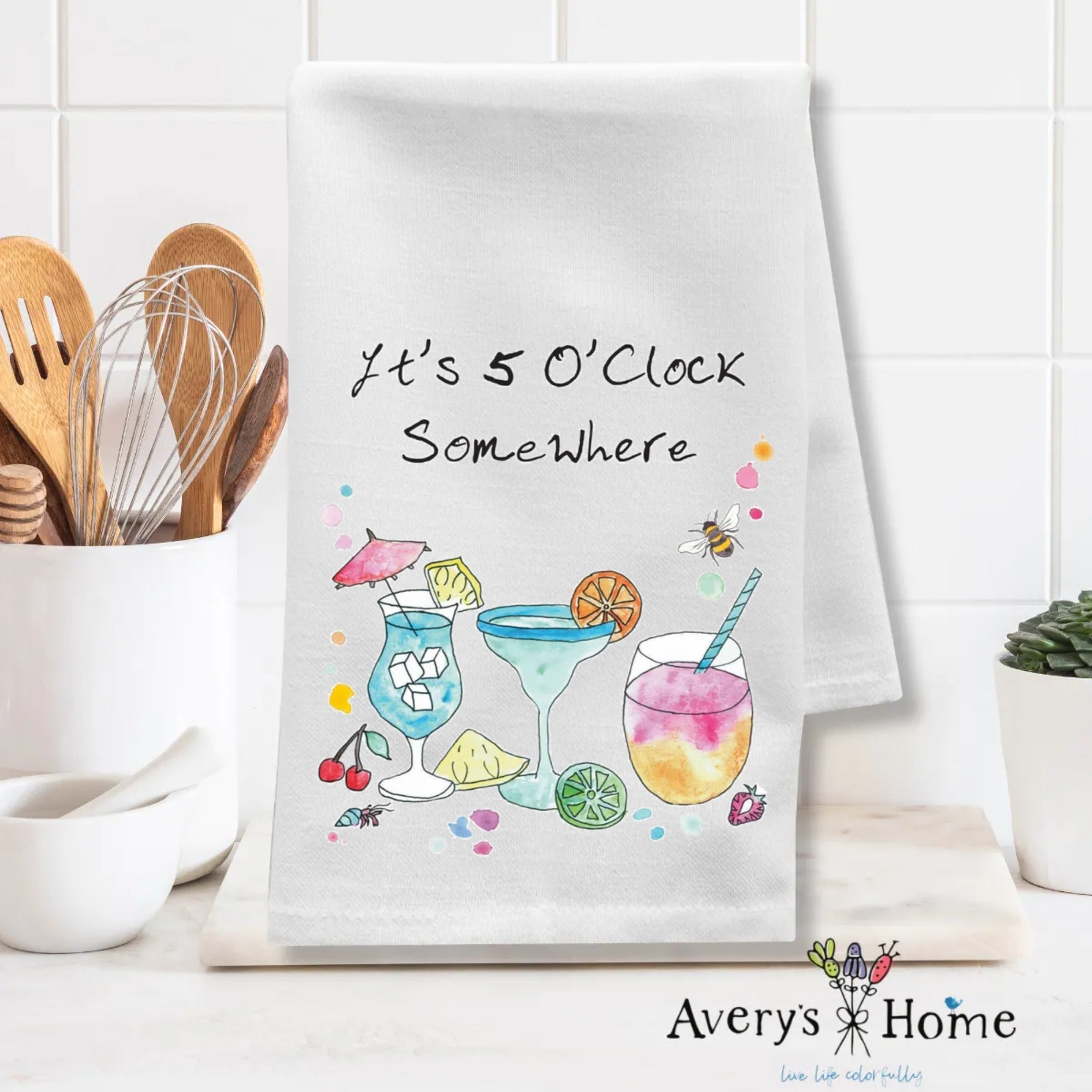 5 O'Clock Somewhere dish towel folded, 27x27 flour sack cotton