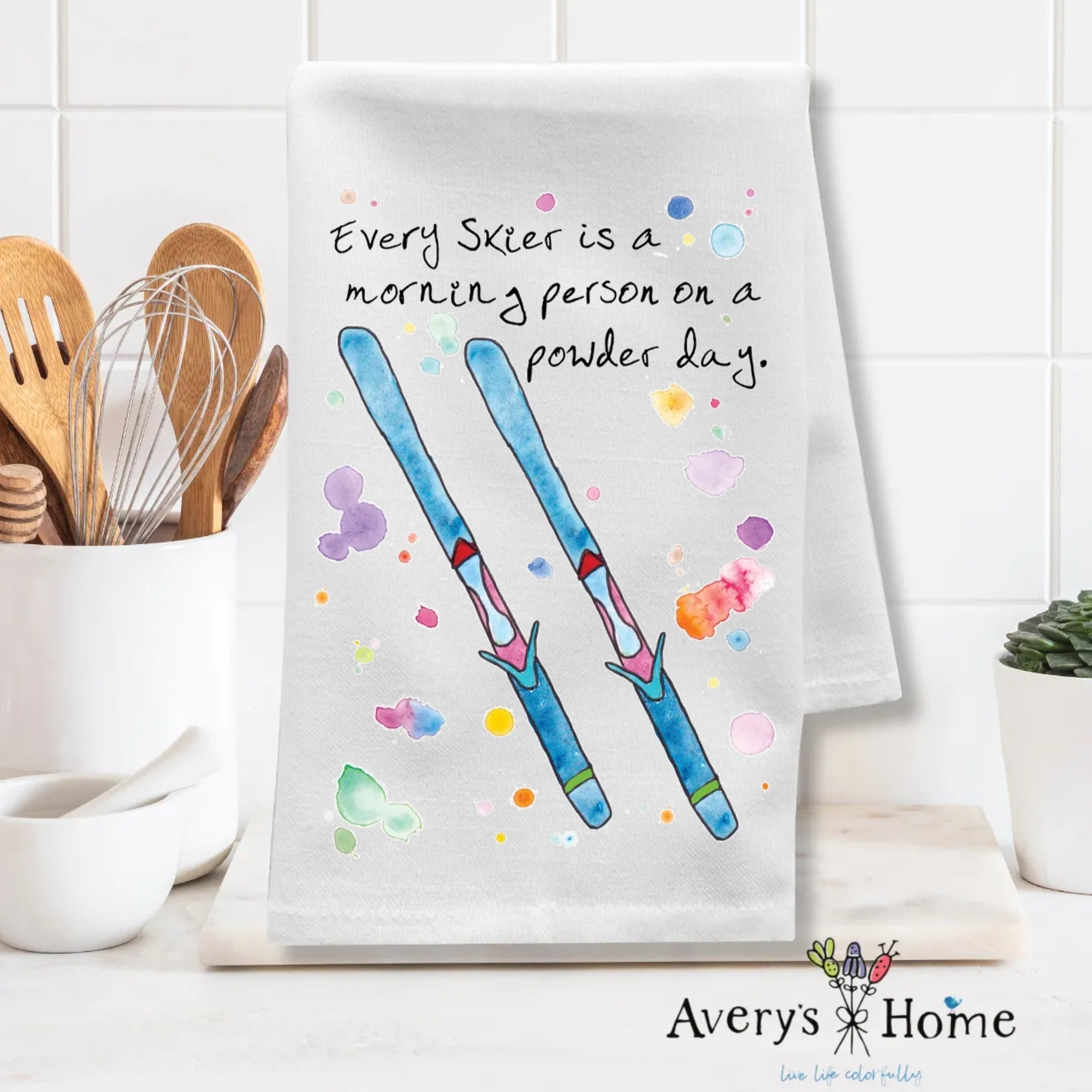 Skiing Morning Person dish towel design detail