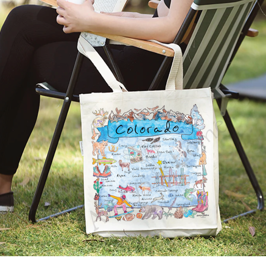 Colorado State Map cotton tote bag, art by Avery Jackson