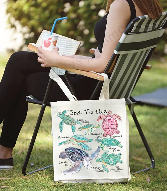Sea Turtle Breeds cotton tote bag, art by Avery Jackson