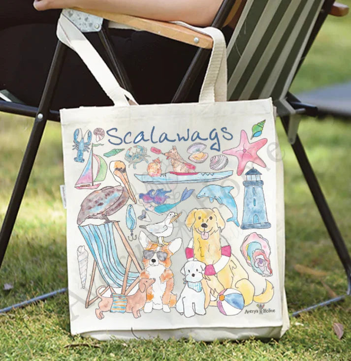 Dogs and Beach cotton tote bag, art by Avery Jackson