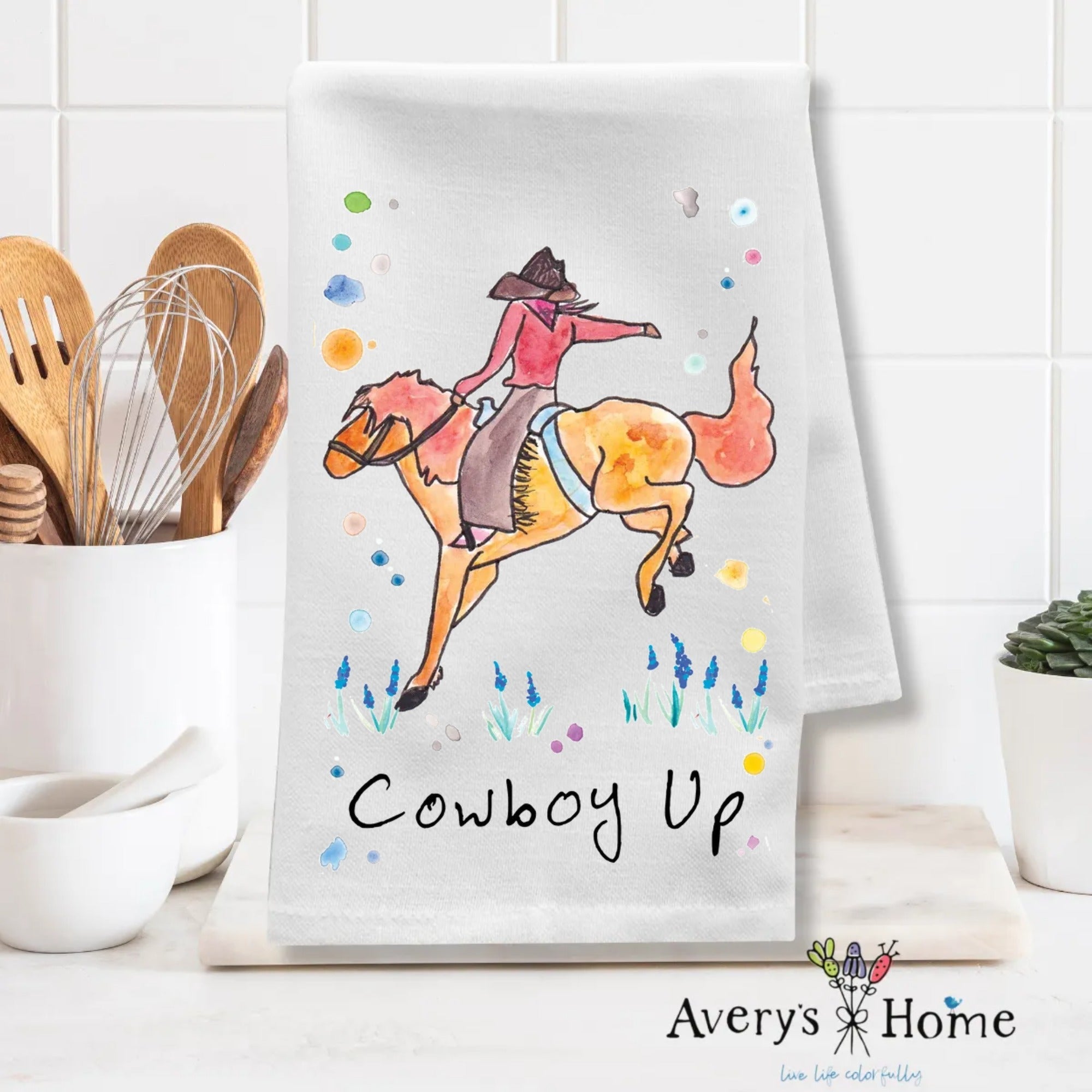 Cowboy Up dish towel folded, 27x27 flour sack cotton