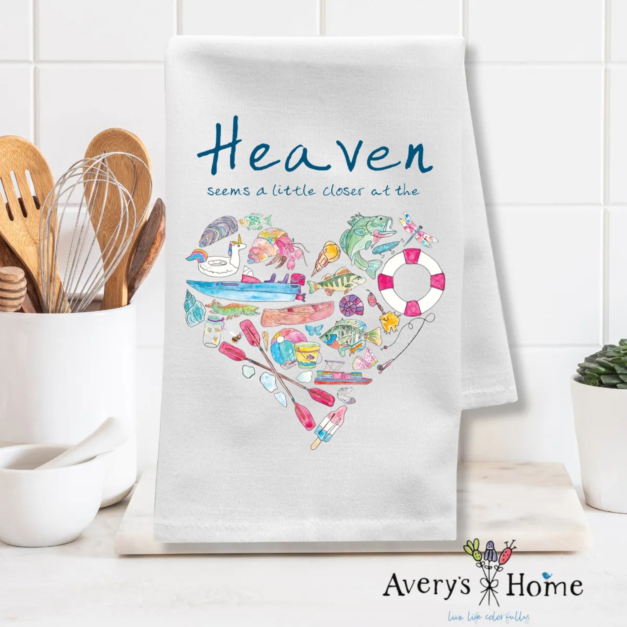 Heaven At the Lake dish towel folded, 27x27 flour sack cotton