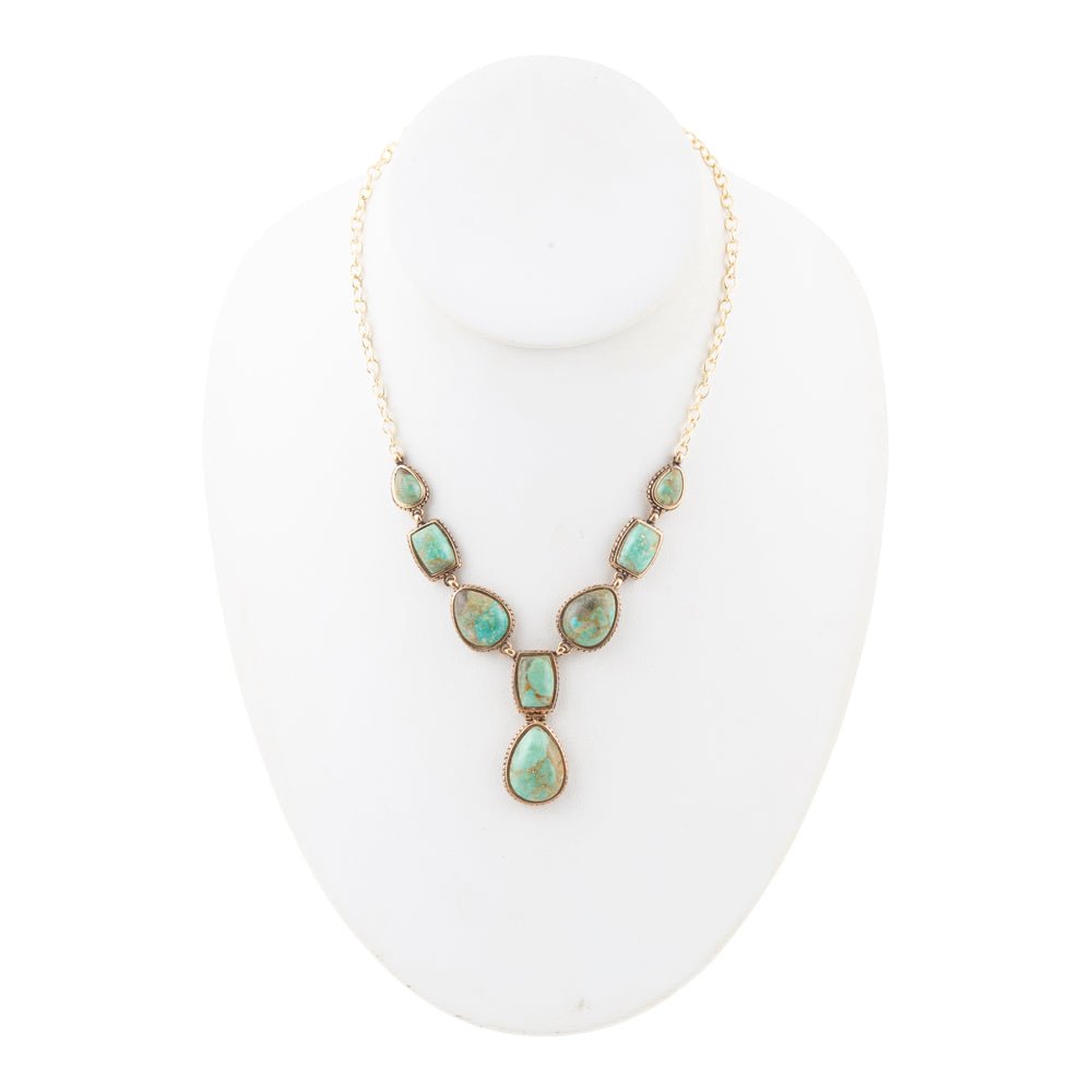 Genuine Blue Turquoise Roped Golden Bronze Y Necklace