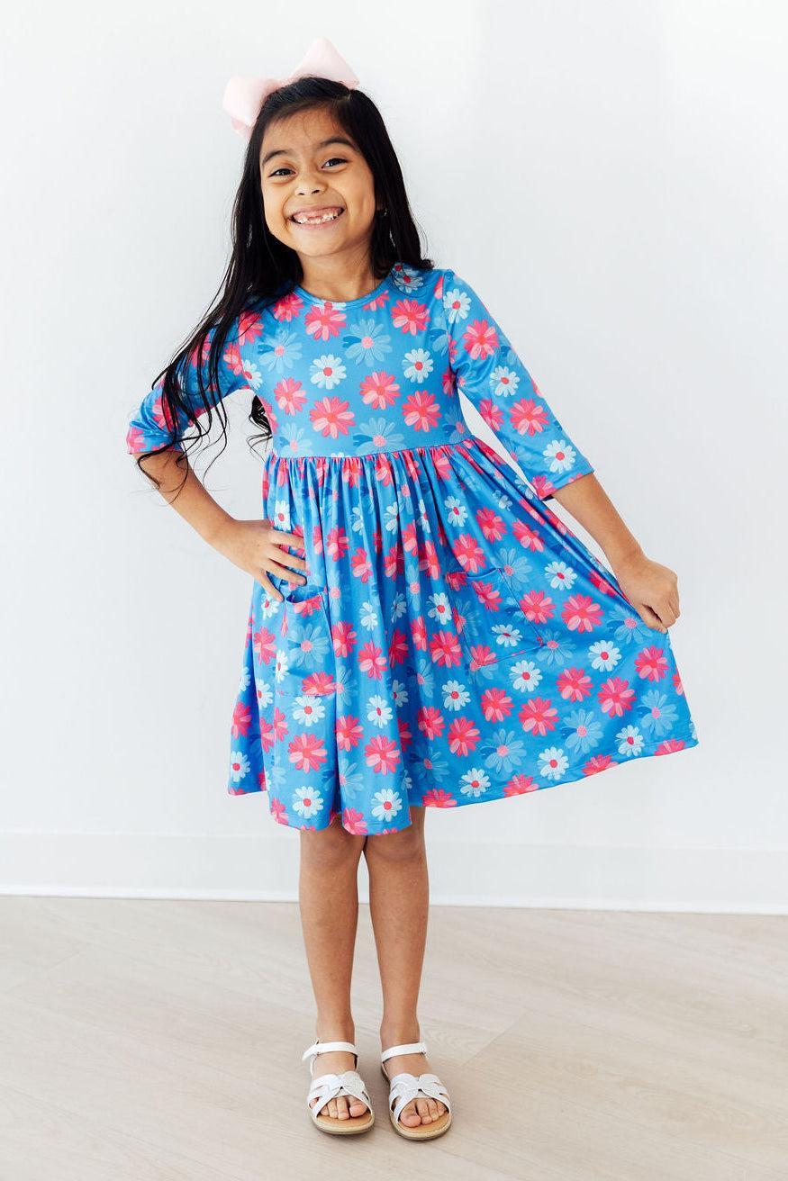 Cotton Candy Daisy 3/4 Sleeve Pocket Twirl Dress