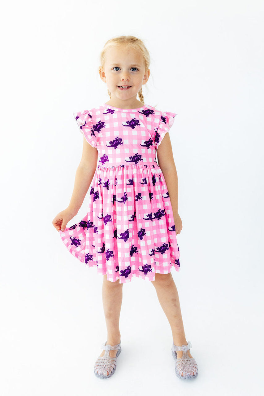 TCU Pink Gingham Frog Flutter Twirl Dress