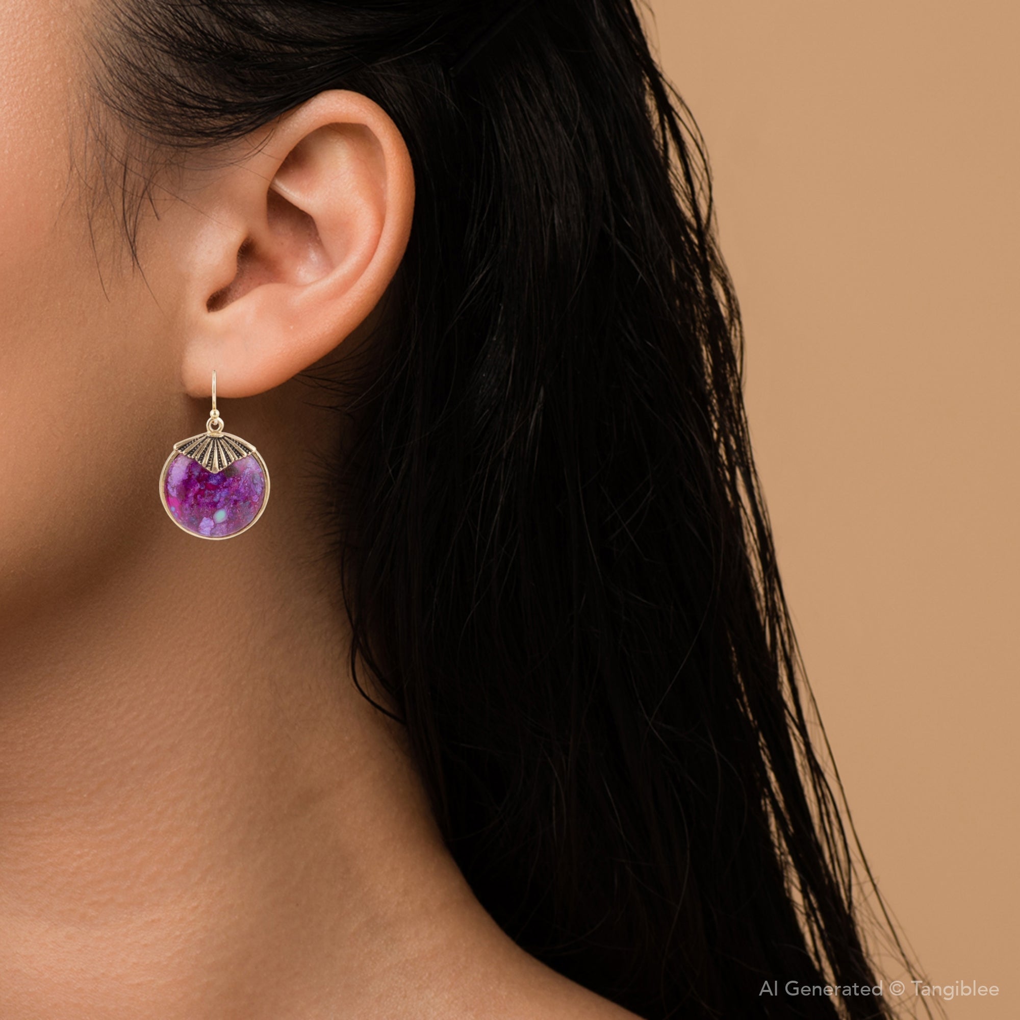 Purple Turquoise Circle Golden Drop Earrings