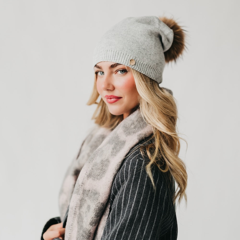 Fine Knit Fur Pom Slouchy Beanie