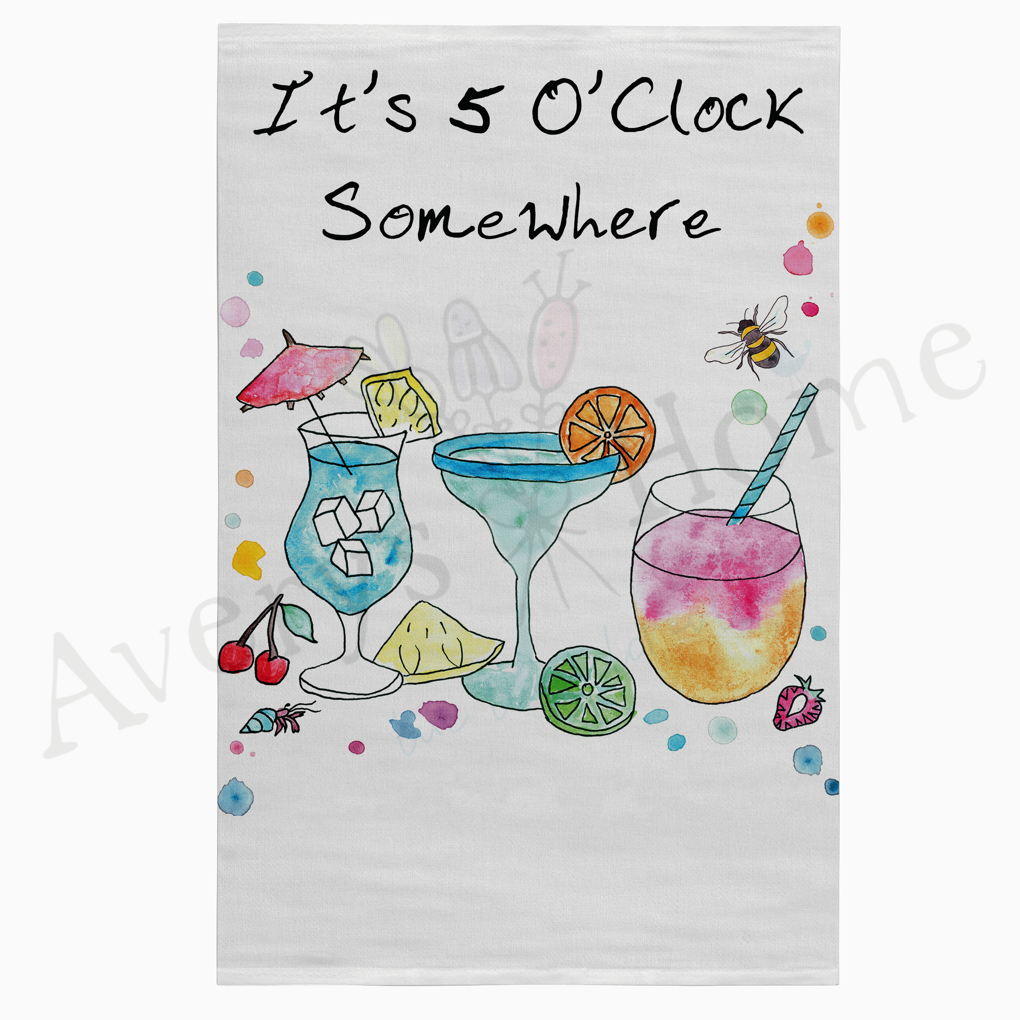 5 O' Clock Somewhere dish towel hanging in the kitchen