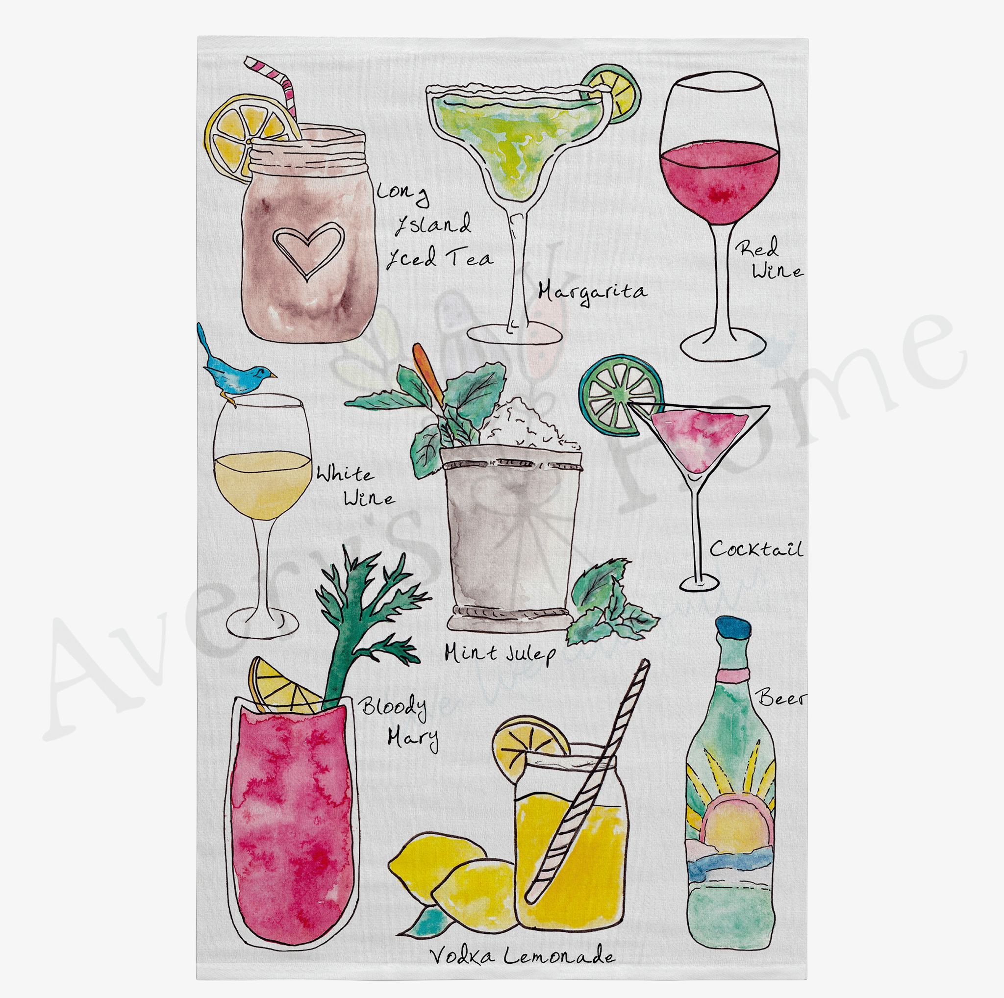 Favorite Cocktails dish towel design detail