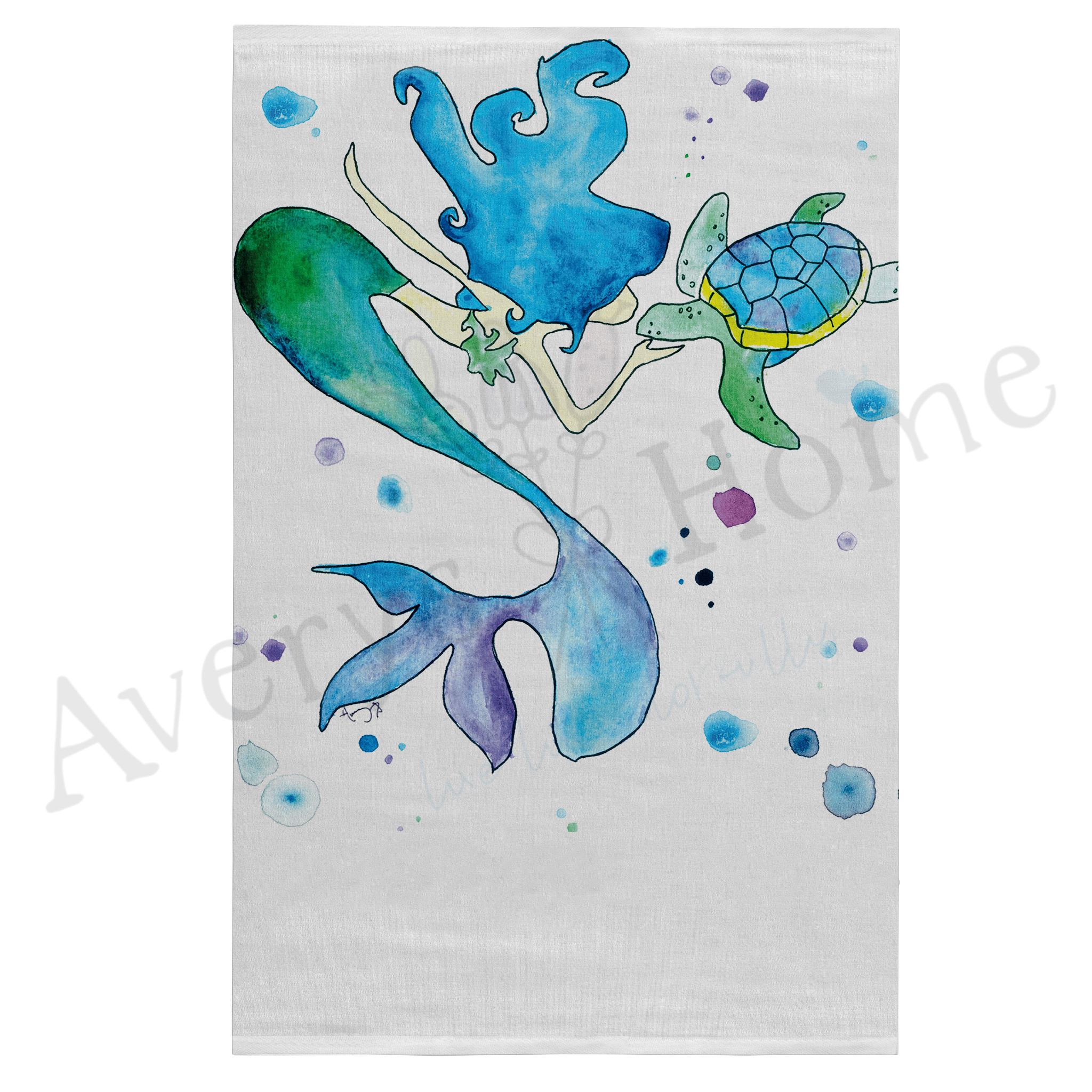 Mermaid and Turtle dish towel, 27x27 flour sack cotton