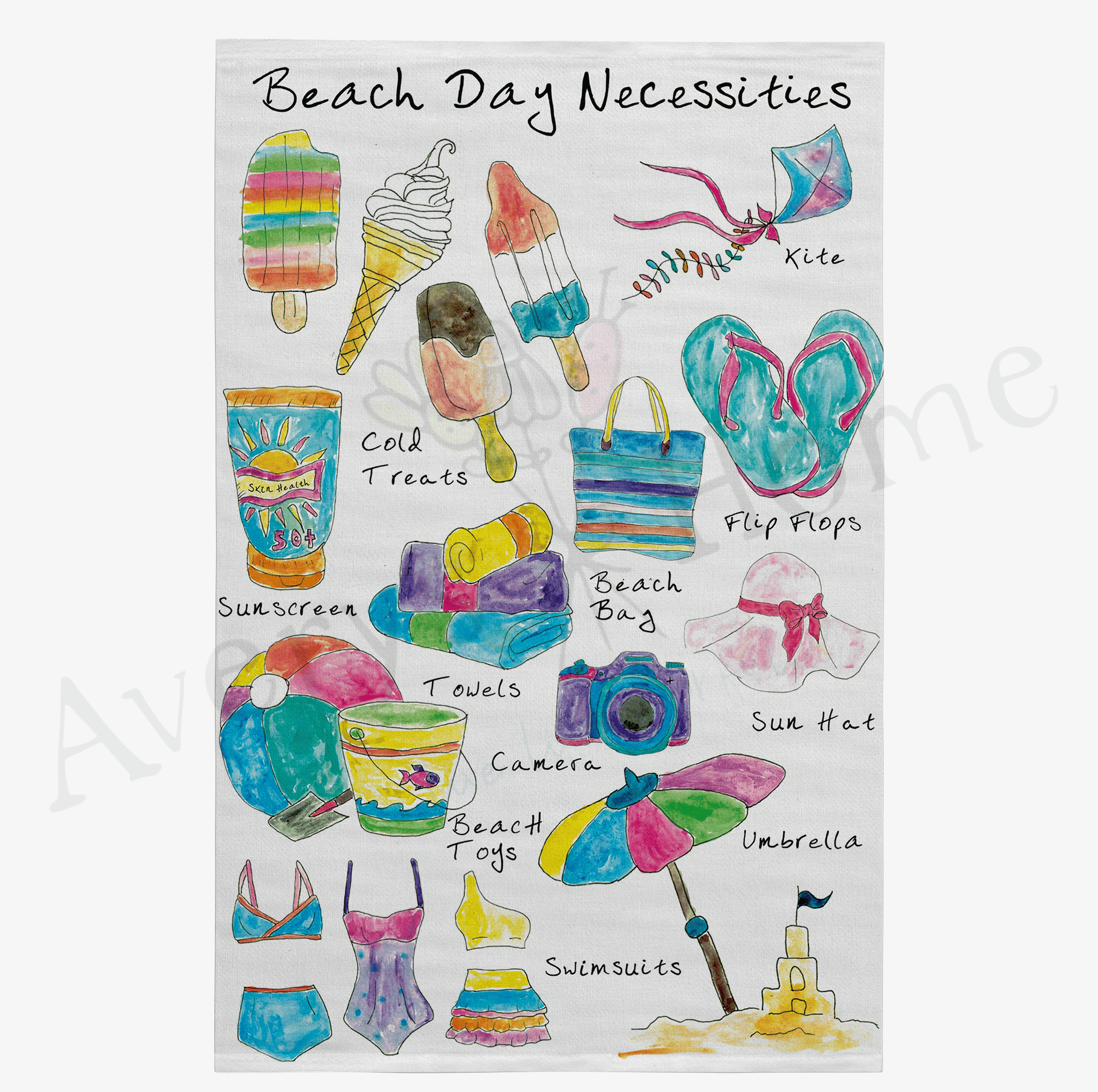Beach Day Necessities dish towel design detail