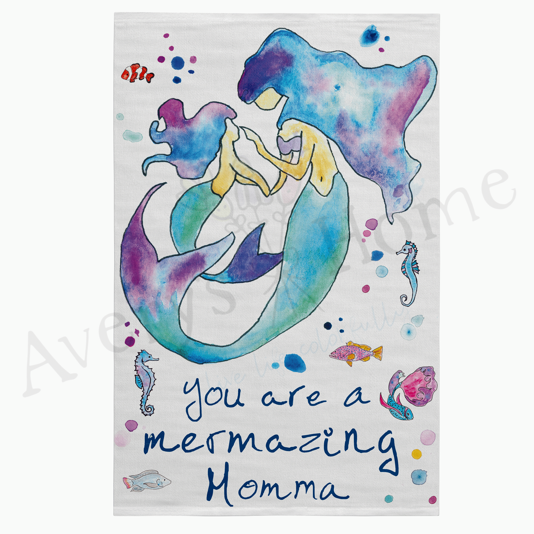 Mermazing Mermaid Momma dish towel design detail