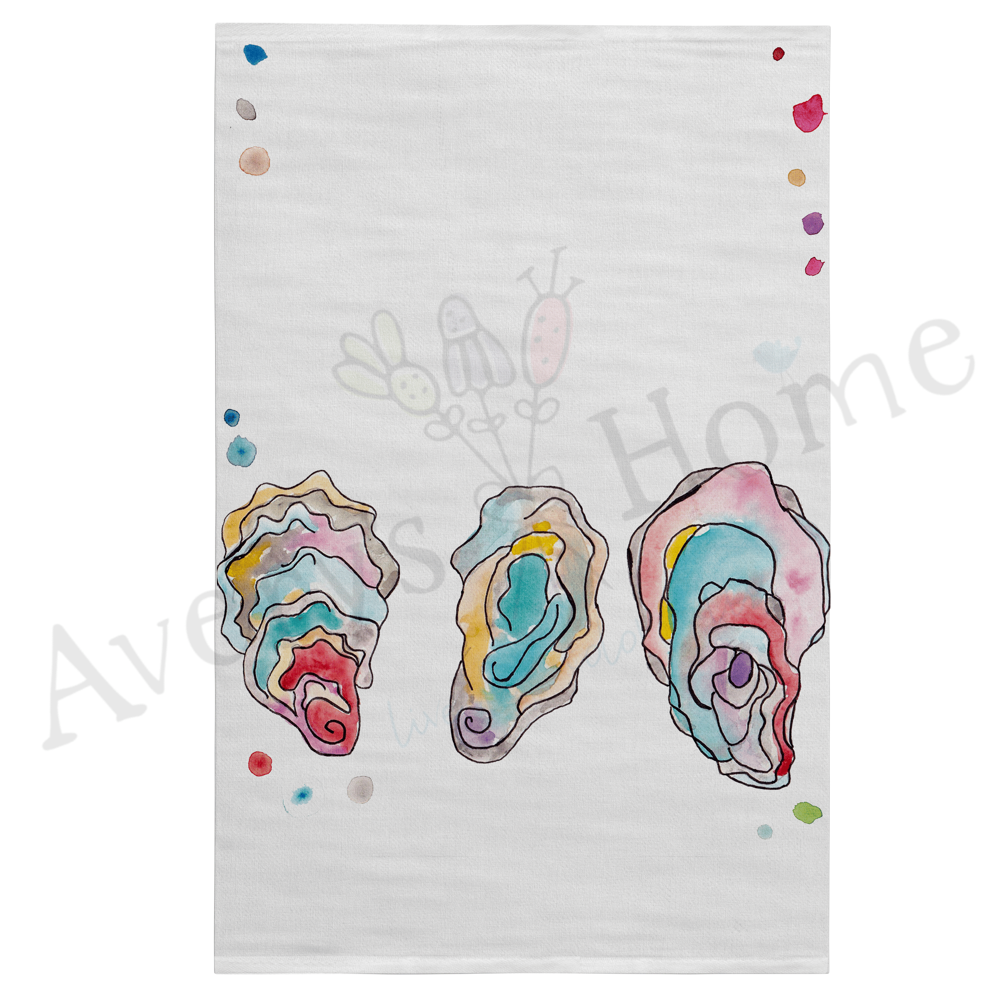 Oyster Shells dish towel hanging in the kitchen