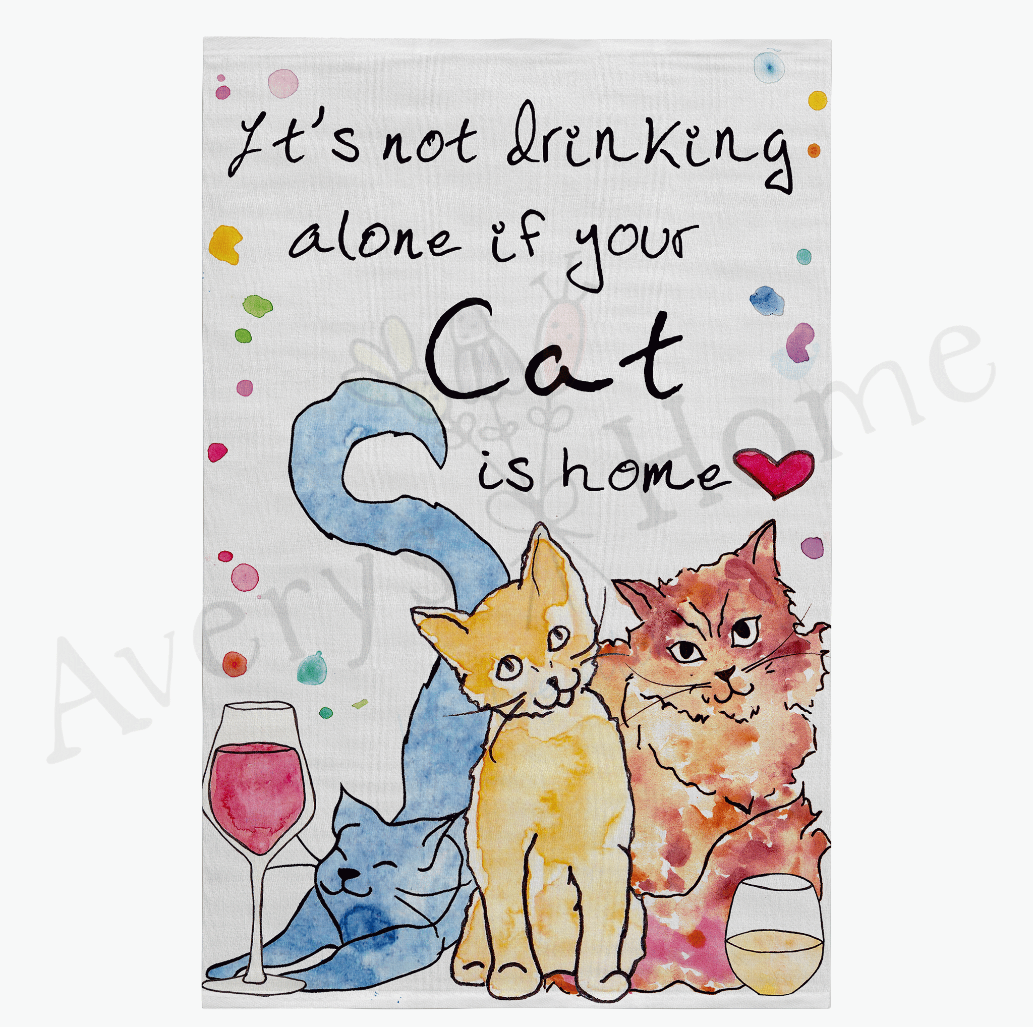 Cat Drinking Buddy dish towel design detail