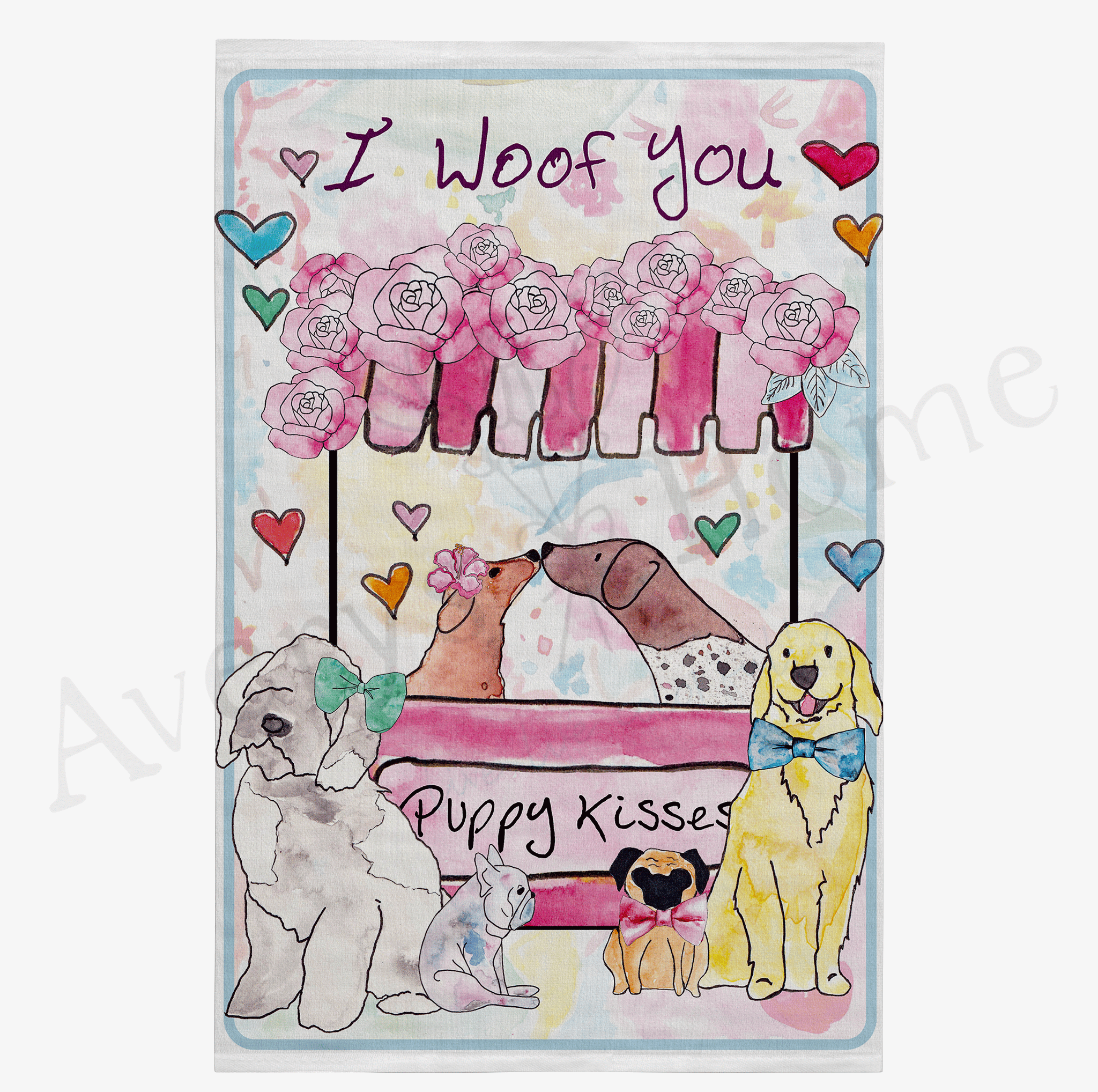 I Woof You Puppy Kisses dish towel design detail