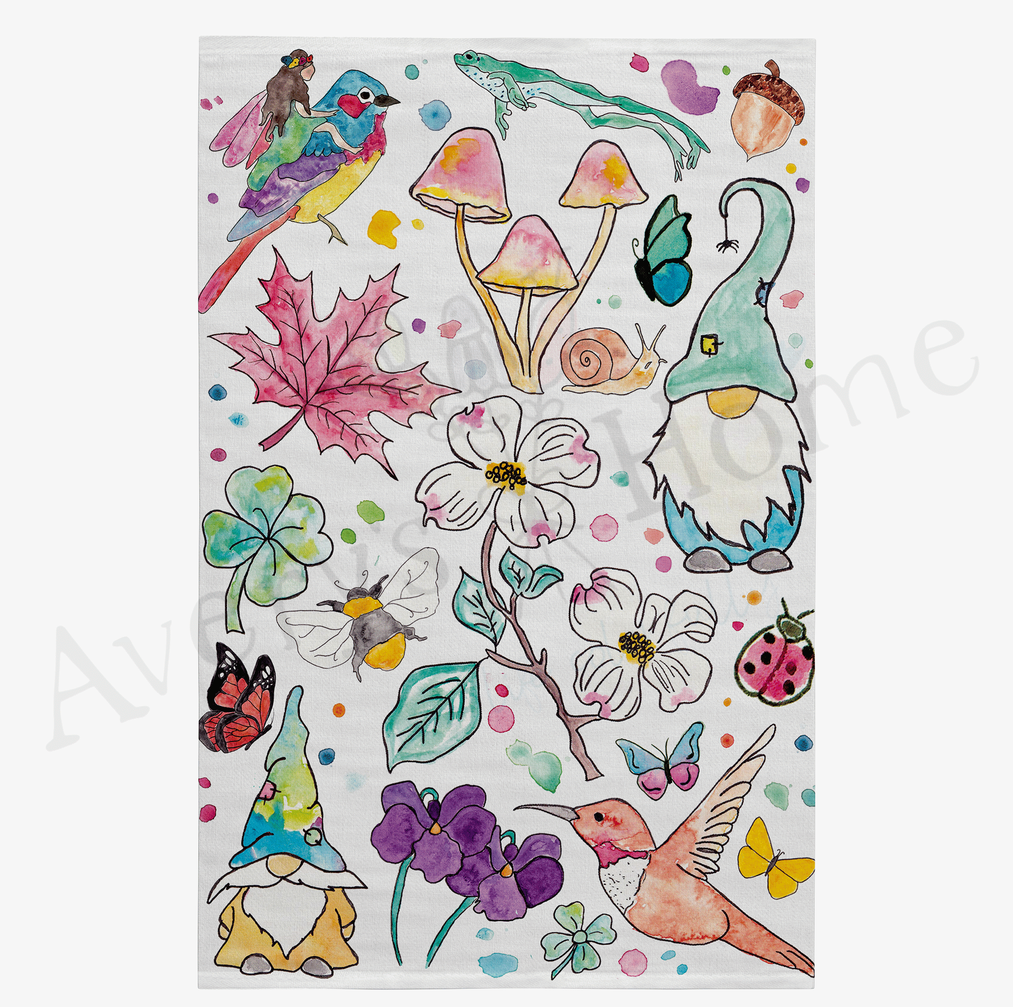 Garden Gnomes & Mushrooms dish towel design detail