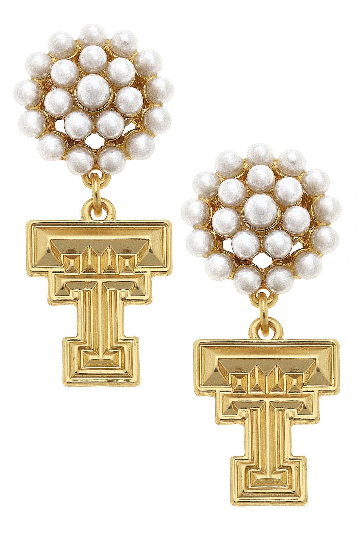 Texas Tech Red Raiders Pearl Cluster 24K Gold Plated Logo Earrings