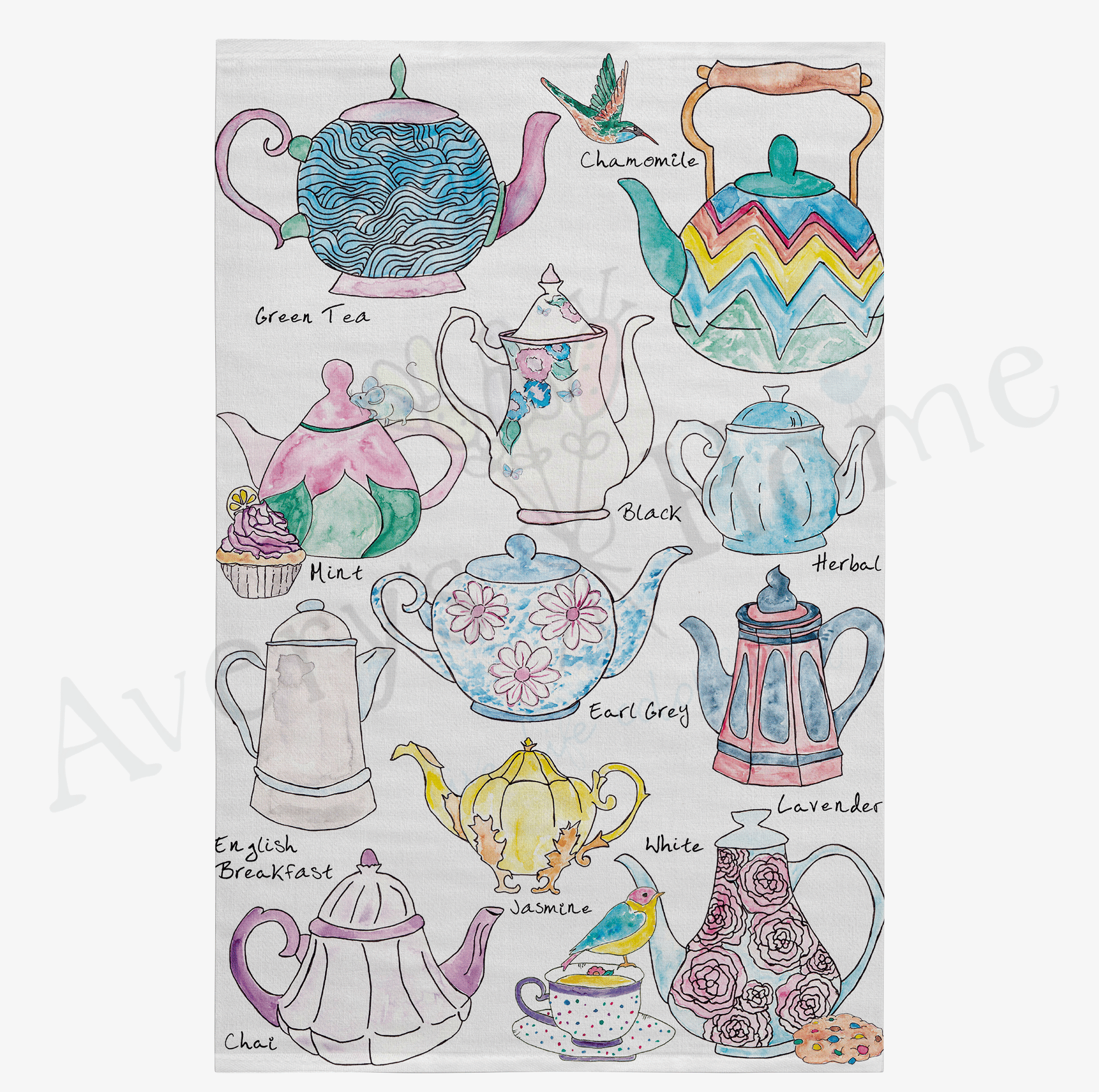 Tea in Tea Pots dish towel design detail