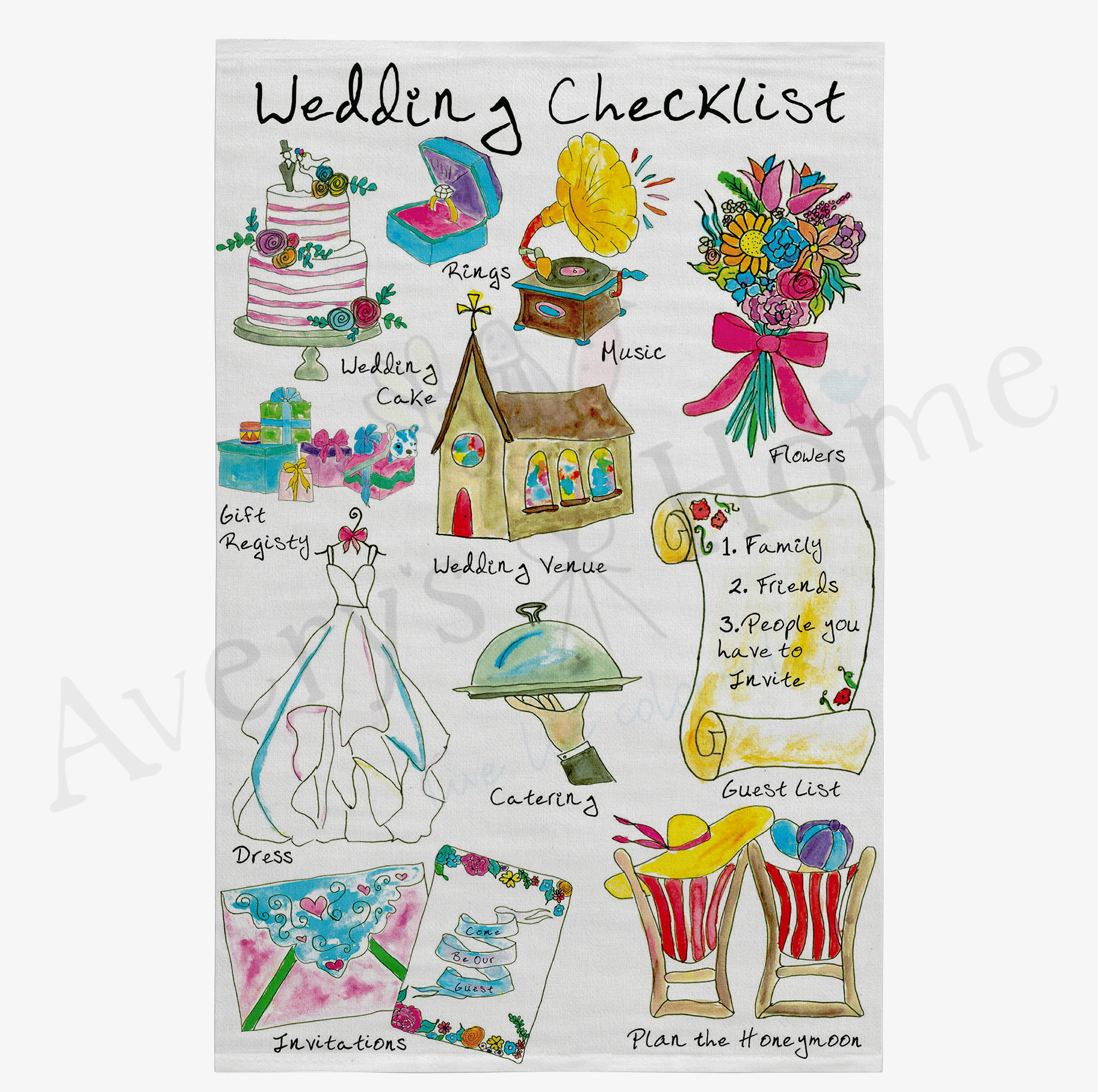 Wedding Checklist dish towel design detail