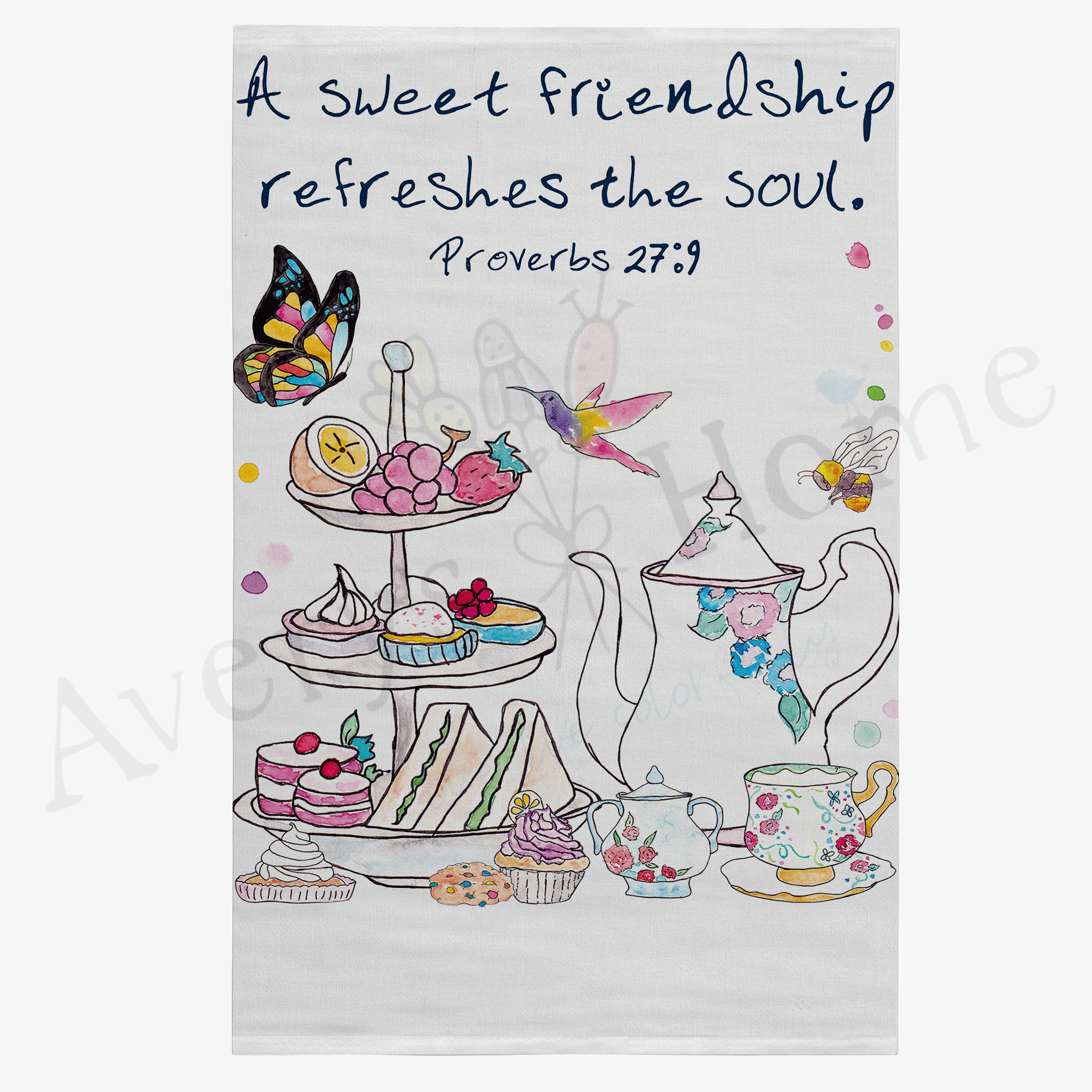A Friendship Refreshes the Soul Proverbs 27:9 dish towel design detail